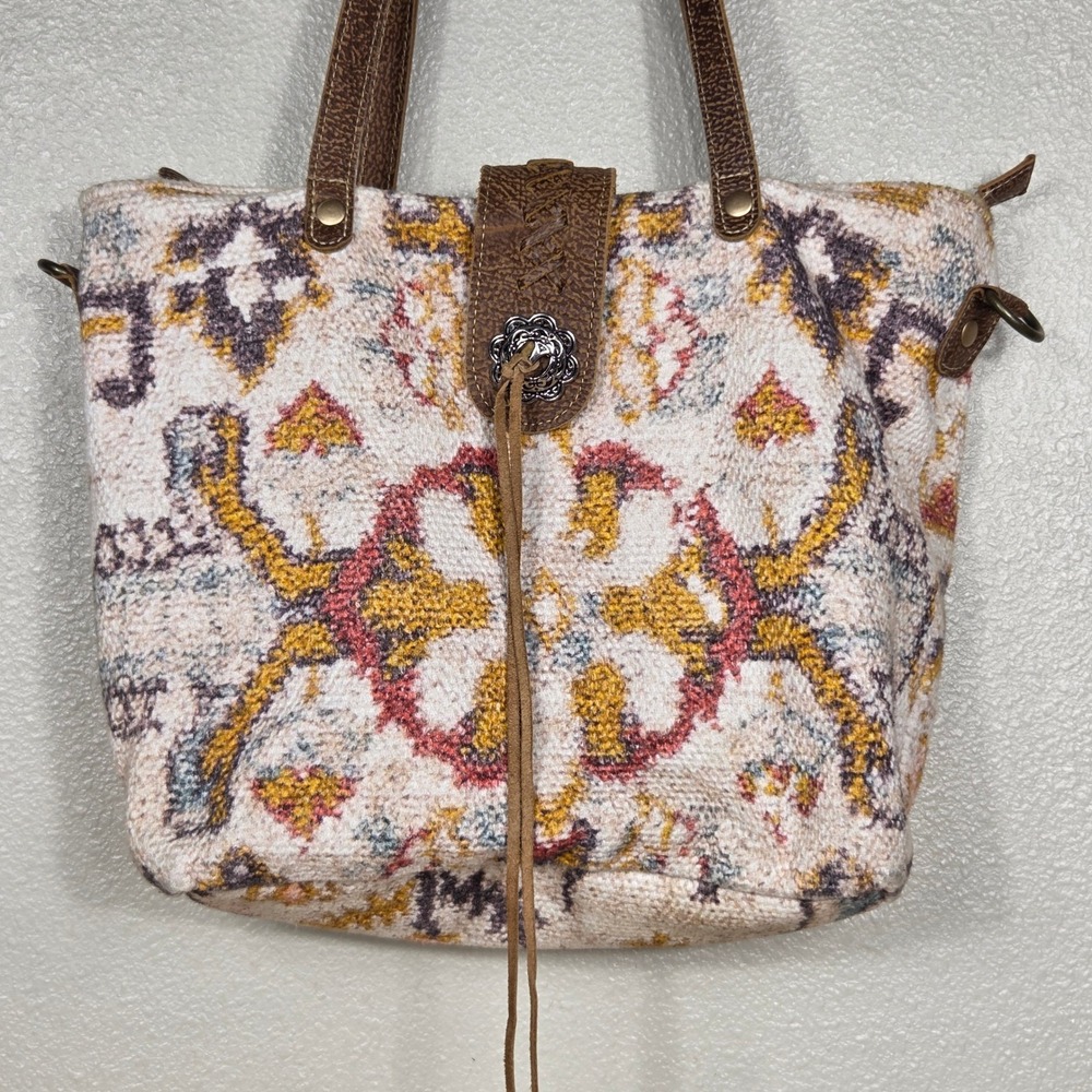 Myra Bag Woven Floral Rug Tote Shoulder Bag Leather Concho Western Boho